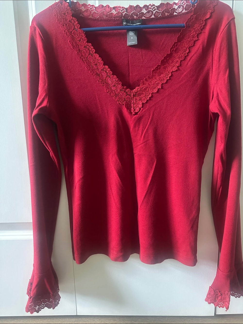 Moda International Red Lace-Trim V-Neck Long Sleeve Top